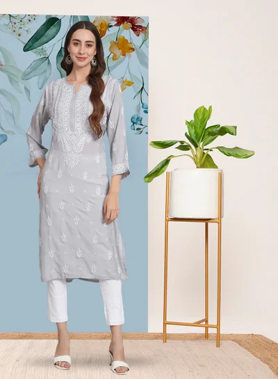 Alaya Women Hand Embroidered Chikankari Cotton Kurta-AL3584