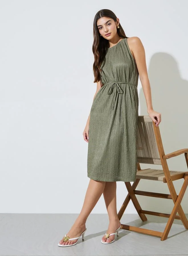 ستايلي Green Textured Tie-Up Detail Sleeveless Midi Dress