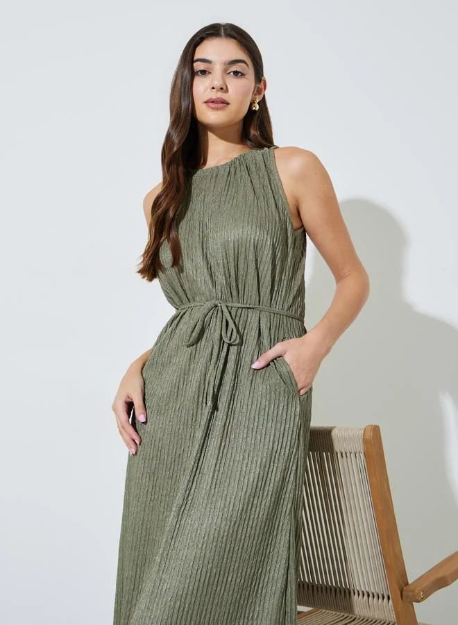 ستايلي Green Textured Tie-Up Detail Sleeveless Midi Dress