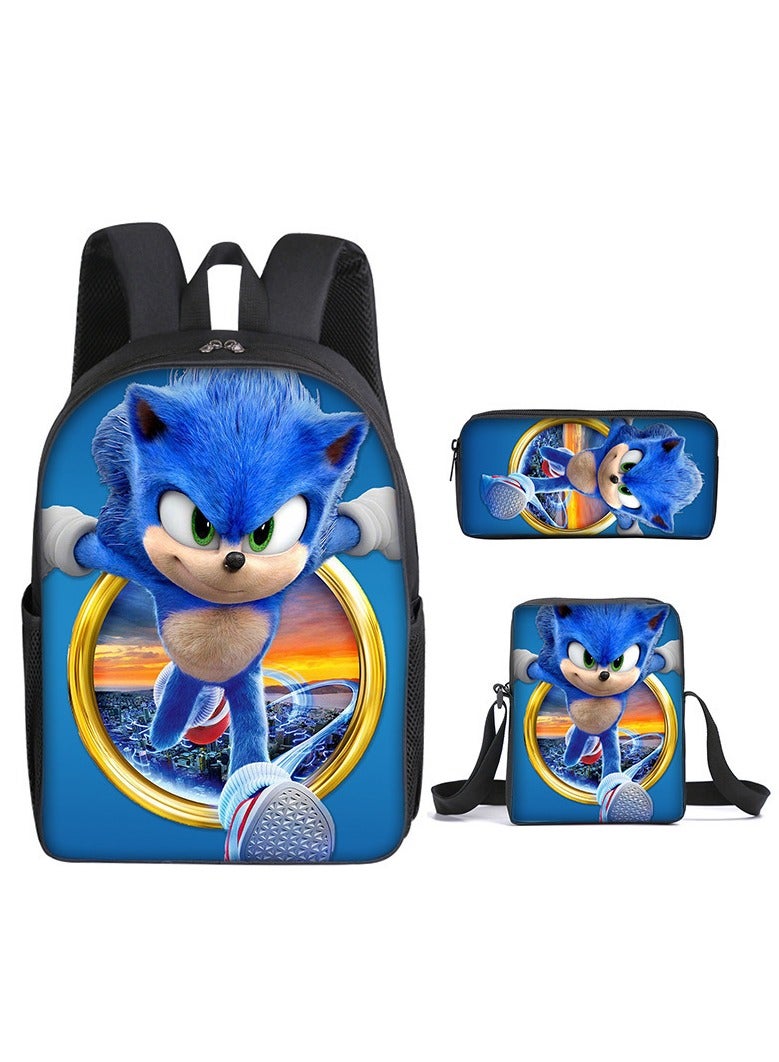 Sonic Primary School Backpack Cartoon Anime Backpack Messenger Bag Pencil Case Three-Piece Set 29*16*42cm