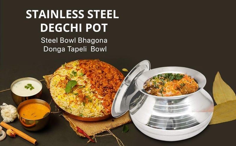 THATHERA Stainless Steel Degchi Pot Bartan Dishwasher Safe Pongal Handi with Lid Cookware Set Steel Bowl Bhagona Donga Tapeli Pot (3.5 Liter) - Image 2