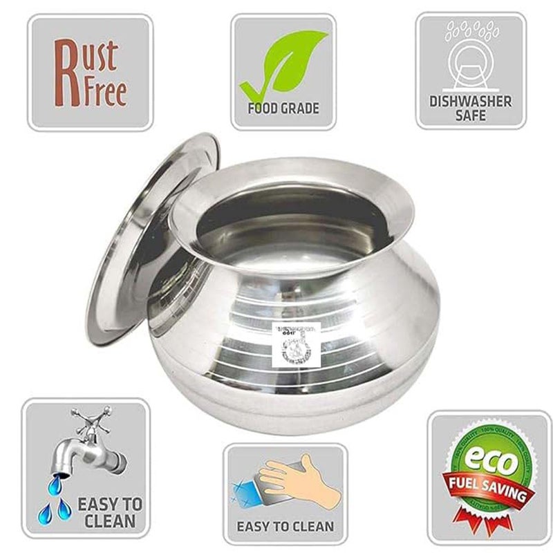 THATHERA Stainless Steel Degchi Pot Bartan Dishwasher Safe Pongal Handi with Lid Cookware Set Steel Bowl Bhagona Donga Tapeli Pot (3.5 Liter) - Image 5