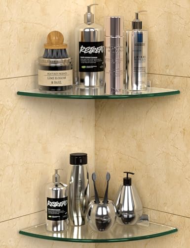 Bakzon 2Pack Glass Corner Shower Shelves Shower Wall Shelves for Inside Shower Drill Free Shower Caddy Organizer with Aluminum Brackets for Bathroom
