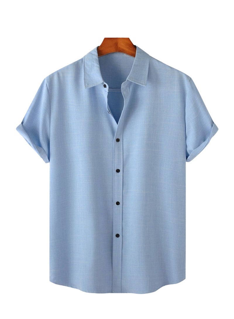 Summer new men's solid color short-sleeved casual shirt slim shirt  - Image 1