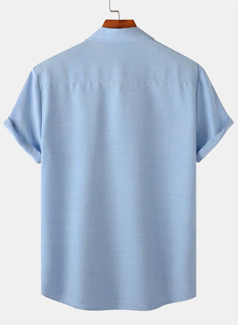Summer new men's solid color short-sleeved casual shirt slim shirt  - Image 2