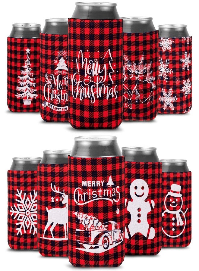 وولاين مجموعة أغطية تبريد علب البيرة من والين، 12 قطعة، بنقشة مربعات حمراء وسوداء، مناسبة للمشروبات والزجاجات، ومستلزمات تزيين حفلات الكريسماس، وشجرة عيد الميلاد المصنوعة من خبز الزنجبيل، وندفة الثلج. - Image 1