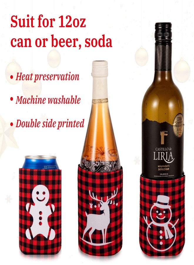 وولاين مجموعة أغطية تبريد علب البيرة من والين، 12 قطعة، بنقشة مربعات حمراء وسوداء، مناسبة للمشروبات والزجاجات، ومستلزمات تزيين حفلات الكريسماس، وشجرة عيد الميلاد المصنوعة من خبز الزنجبيل، وندفة الثلج. - Image 4