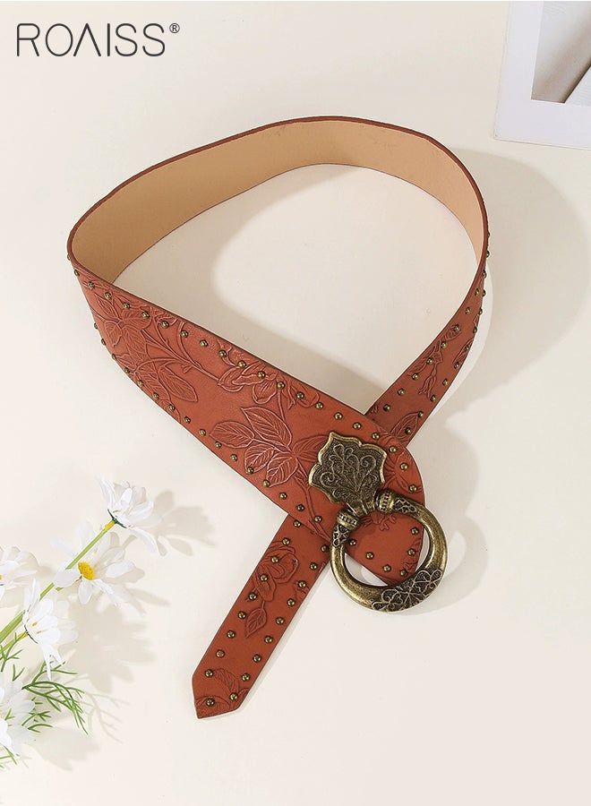 roaiss Women's Retro Wide Belt with Rivets and Prints, Simple Versatile Decorative Belt, Street Fashion Suitable for Matching With jeans, Sweaters, Suits and Dresses - Image 4