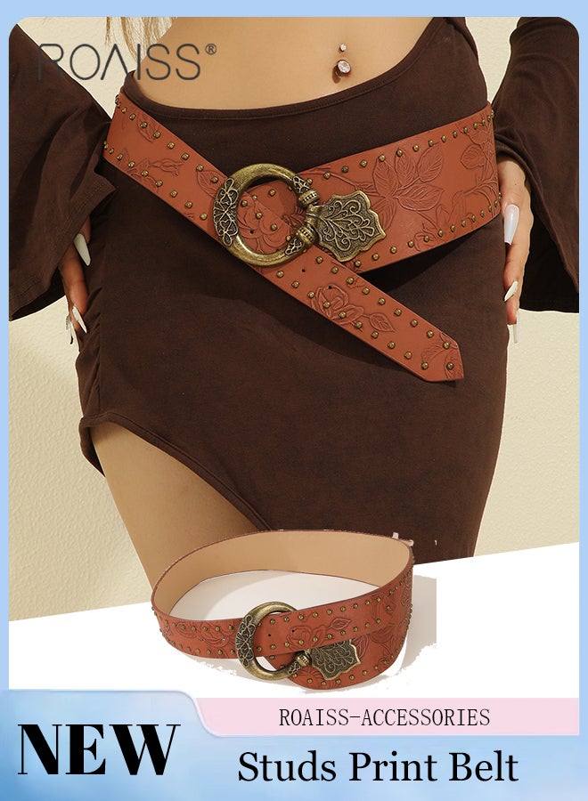 roaiss Women's Retro Wide Belt with Rivets and Prints, Simple Versatile Decorative Belt, Street Fashion Suitable for Matching With jeans, Sweaters, Suits and Dresses - Image 1
