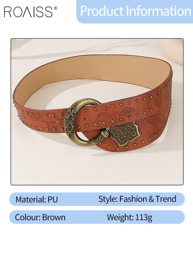 roaiss Women's Retro Wide Belt with Rivets and Prints, Simple Versatile Decorative Belt, Street Fashion Suitable for Matching With jeans, Sweaters, Suits and Dresses - Image 3