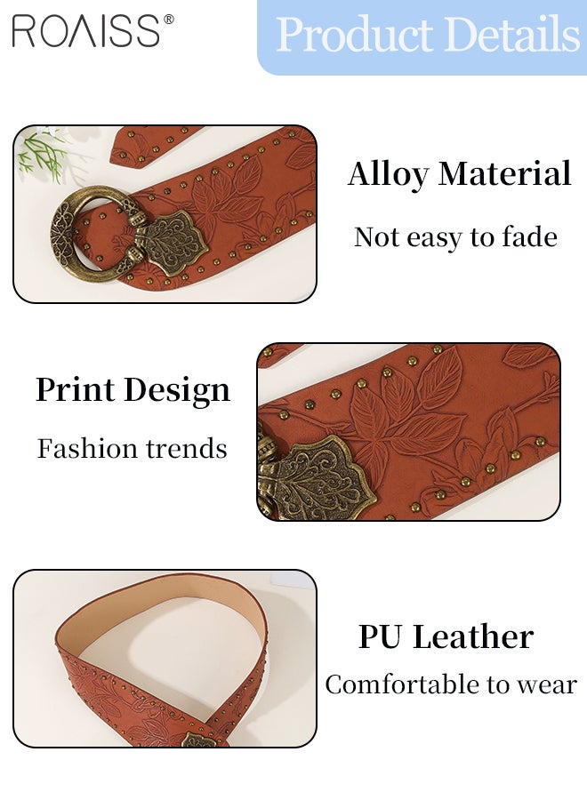 roaiss Women's Retro Wide Belt with Rivets and Prints, Simple Versatile Decorative Belt, Street Fashion Suitable for Matching With jeans, Sweaters, Suits and Dresses - Image 2