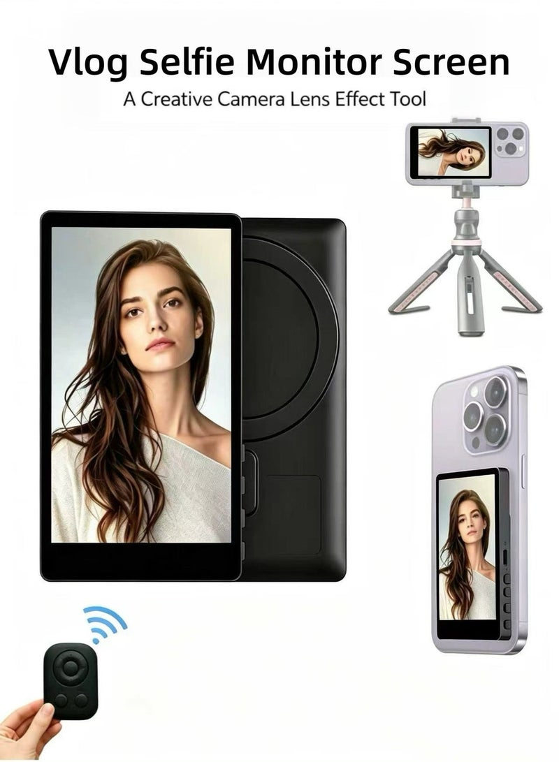 Magnetic Wireless Selfie Monitor for iPhone & Android, Rear Camera Vlog Screen with Remote Control, Real-Time Screen Mirroring Display for Live Streaming, Content Creators & TikTok