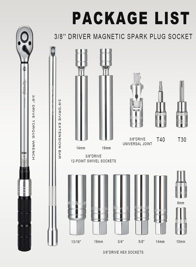AEROFORCE Professional Tools AEROFORCE 14PCS 3/8-Inch Drive Swivel Magnetic Spark Plug Socket Set with 3/8'' Torque Wrench (5-45 Lb.ft/6.8-61.2 Nm), Universal Joint & Extension Bar - Durable CR-V Steel for Easy Spark Plug Removal - Image 2