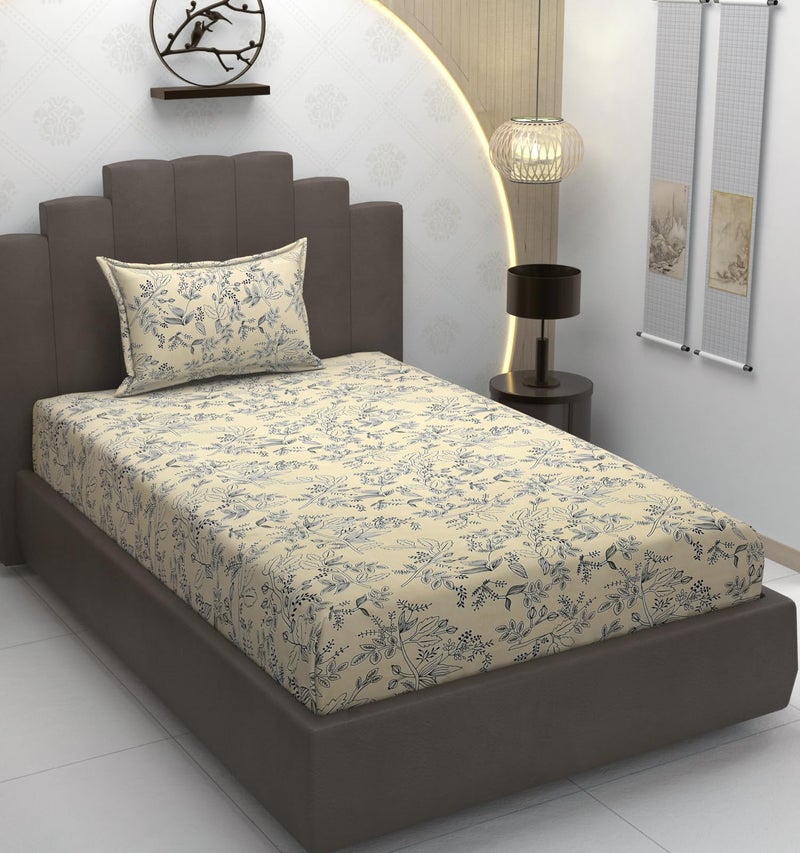TIB Glace Cotton Elastic Fitted Bedsheets Single Bed 36x78x8 Inches with 1 Pillow Covers, 210TC (Cream Flower, Single) - Image 1