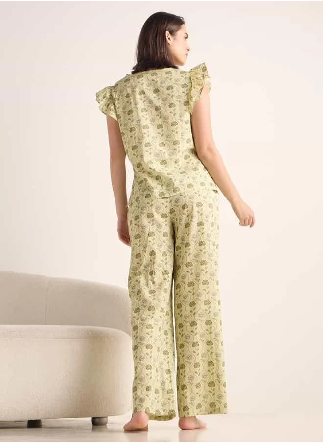 FAV Printed Ruffle Sleeves Top and Pyjama Set