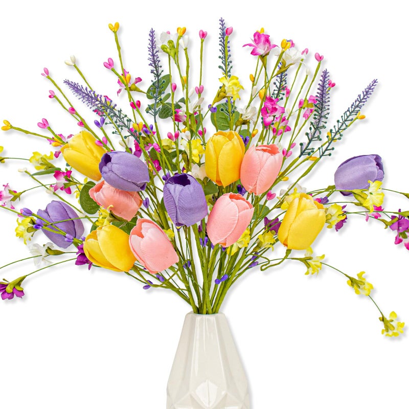 MG MagicGarden Artificial Spring Flowers 12 Pack Spring Flower Stems 17 Inch Floral Picks with Pink Yellow Purple Tulips Wildflowers for Centerpieces Vases Floral Arrangements Summer Easter Decor - Image 1