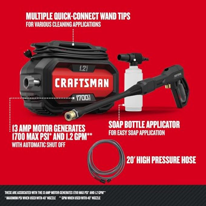 CRAFTSMAN Electric Pressure Washer, Cold Water, Lightweight Corded Power Washer For Cars, Driveways, Patio And Garage, Powerful 1700-Psi, 1.2-Gpm, Compact, Easy To Use (Cmepw1700) - Image 2