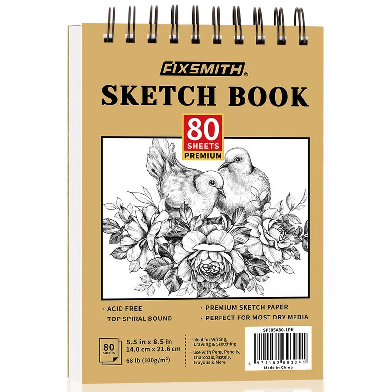 FIXSMITH دفتر رسم FIXSMITH 5.5"X8.5" | 80 ورقة (68 رطل/100 جرام) | دفتر رسم فني مع حلزوني علوي | لوح رسم خالي من الأحماض | مثالي للأطفال، المبتدئين، الفنانين والرسامين | أبيض ساطع - Image 1