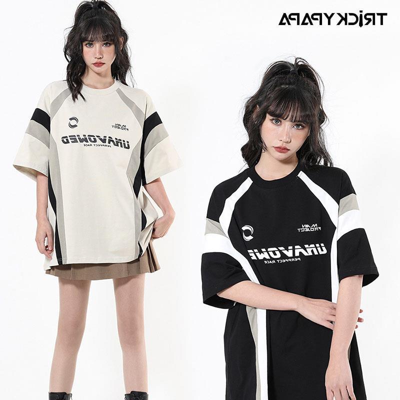 Tkpa American Street City Boy Vintage Contrast Color Stitching Short Sleeve T-Shirt Oversize Sports Half Sleeve Jersey - Image 2