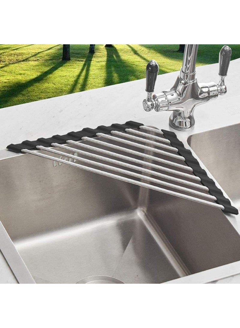 NILKANTH - NILKANTH Triangle Roll-Up Dish Drying Rack for Sink Corner Small Foldable Stainless Steel Over The Sink Multipurpose Kitchen Drainer Caddy Organizer Storage Space Saver Shelf Holder (Black) - Image 1