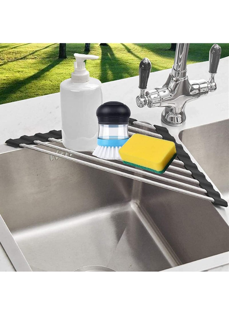 NILKANTH - NILKANTH Triangle Roll-Up Dish Drying Rack for Sink Corner Small Foldable Stainless Steel Over The Sink Multipurpose Kitchen Drainer Caddy Organizer Storage Space Saver Shelf Holder (Black) - Image 1