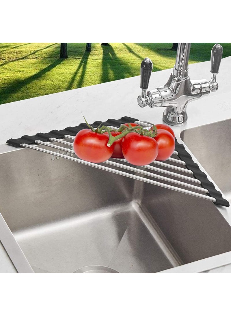 NILKANTH - NILKANTH Triangle Roll-Up Dish Drying Rack for Sink Corner Small Foldable Stainless Steel Over The Sink Multipurpose Kitchen Drainer Caddy Organizer Storage Space Saver Shelf Holder (Black) - Image 1