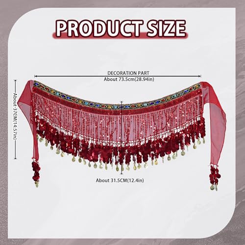 MUNAFIE Women's Belly Dance Hip Scarf Performance Outfits Skirt Festival Clothing Red&Red - Image 2