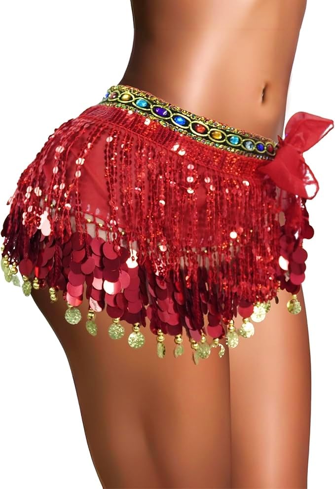 MUNAFIE Women's Belly Dance Hip Scarf Performance Outfits Skirt Festival Clothing Red&Red - Image 5