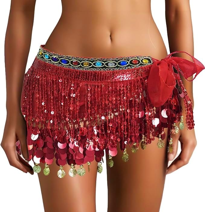 MUNAFIE Women's Belly Dance Hip Scarf Performance Outfits Skirt Festival Clothing Red&Red - Image 4