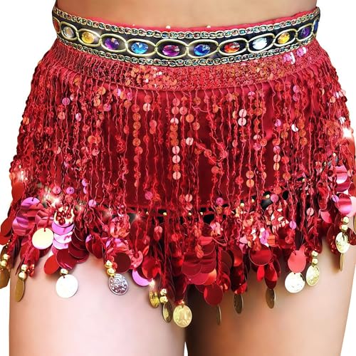 MUNAFIE Women's Belly Dance Hip Scarf Performance Outfits Skirt Festival Clothing Red&Red - Image 1