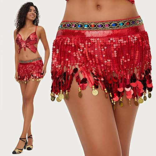MUNAFIE Women's Belly Dance Hip Scarf Performance Outfits Skirt Festival Clothing Red&Red - Image 3