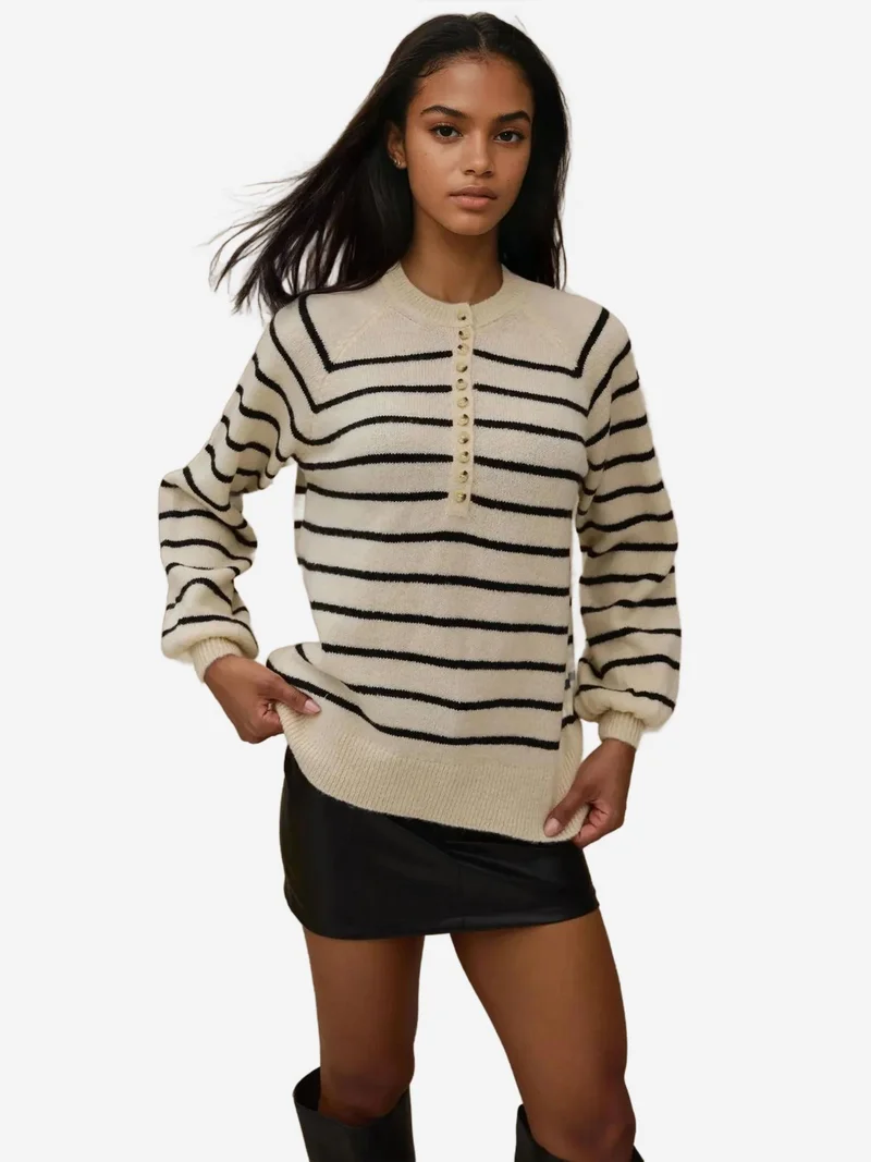 HICCUP Striped Button Collar Sweater