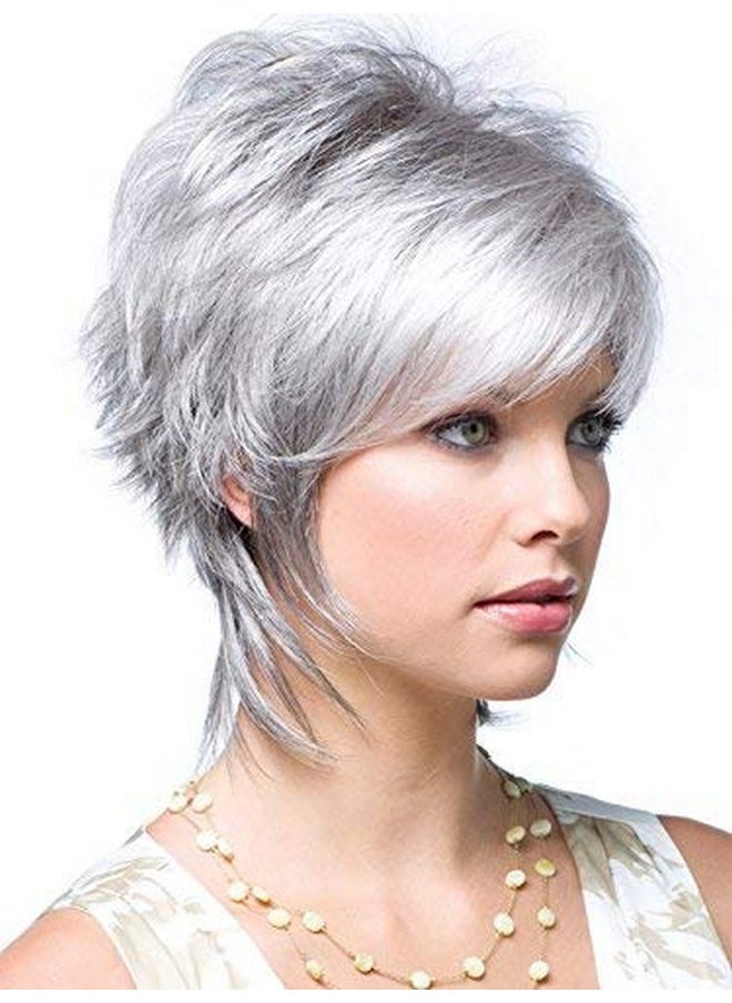 SEVENCOLORS Short Gray Wigs For Women Layered Pixie Cut Wigs With Bangs Silver Grey Short Wigs For White Women Synthetic Hair Wigs Natural Looking  - Image 2