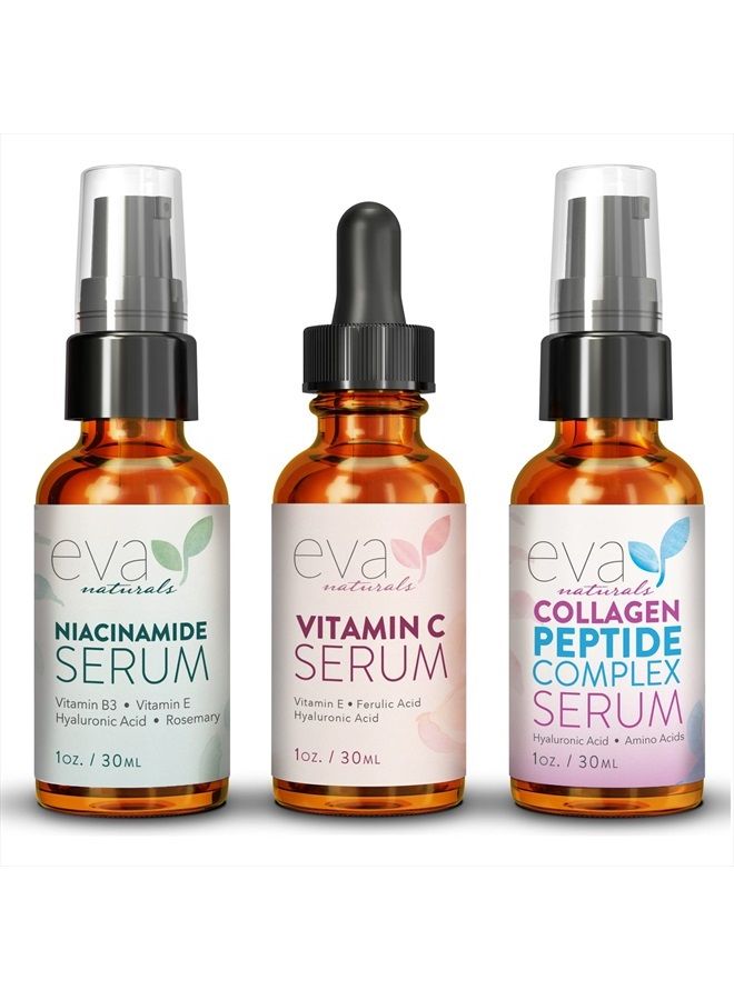 Eva Naturals مجموعة العناية بالبشرة الطبيعية المتماسكة والمتألقة من 3 سيرومات – منتجات العناية بالبشرة مع سيروم فيتامين C بنسبة 20%، سيروم مركب الببتيد، سيروم النياسيناميد فيتامين B3 - سيروم الببتيدات للوجه - سيروم الوجه من إيفا ناتشورالز - Image 1