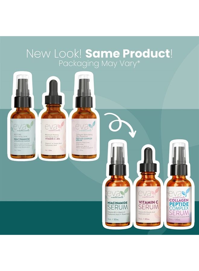 Eva Naturals مجموعة العناية بالبشرة الطبيعية المتماسكة والمتألقة من 3 سيرومات – منتجات العناية بالبشرة مع سيروم فيتامين C بنسبة 20%، سيروم مركب الببتيد، سيروم النياسيناميد فيتامين B3 - سيروم الببتيدات للوجه - سيروم الوجه من إيفا ناتشورالز - Image 2