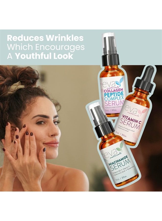 Eva Naturals مجموعة العناية بالبشرة الطبيعية المتماسكة والمتألقة من 3 سيرومات – منتجات العناية بالبشرة مع سيروم فيتامين C بنسبة 20%، سيروم مركب الببتيد، سيروم النياسيناميد فيتامين B3 - سيروم الببتيدات للوجه - سيروم الوجه من إيفا ناتشورالز - Image 4