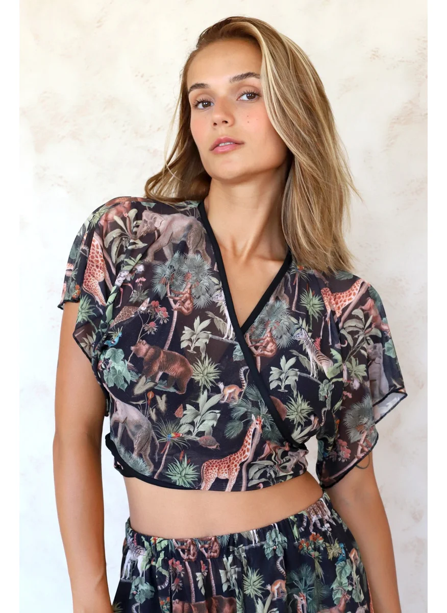 Hamur Dough Crop Cross Tie Detailed Beach Pareo Summer Tulle Chiffon Blouse Woods Black Std