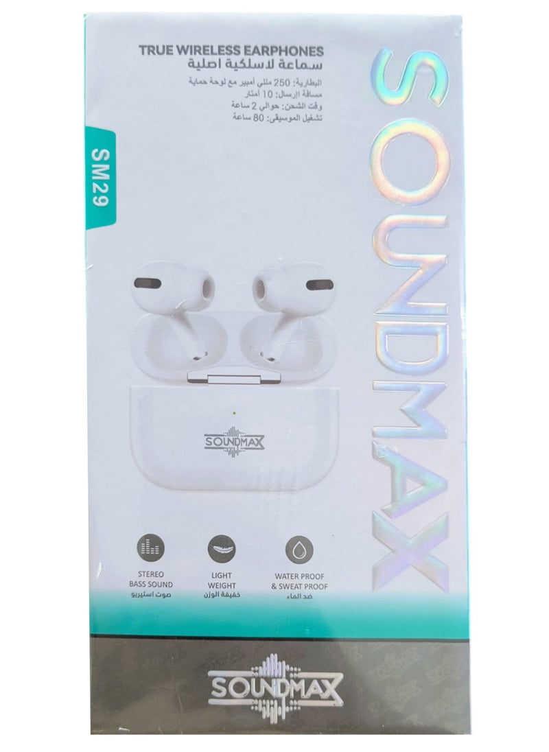 Soundmax - SM29 True Wireless Earphones with Charging Case, Stereo Bass Sound, Waterproof & Sweatproof, Lightweight Design – White - Image 1