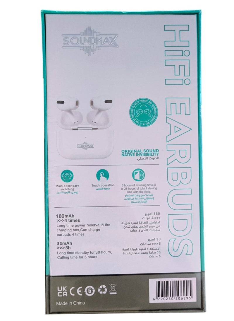 Soundmax - SM29 True Wireless Earphones with Charging Case, Stereo Bass Sound, Waterproof & Sweatproof, Lightweight Design – White - Image 1