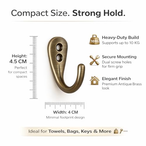 Colornest 2 Pcs Premium Wall Hook – Antique Brass Finish | Heavy Duty Metal Hook for Hanging Coats, Bags, Towels & More - Image 2