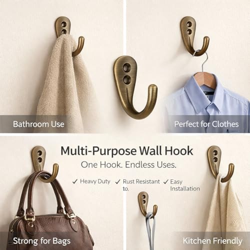 Colornest 2 Pcs Premium Wall Hook – Antique Brass Finish | Heavy Duty Metal Hook for Hanging Coats, Bags, Towels & More - Image 4