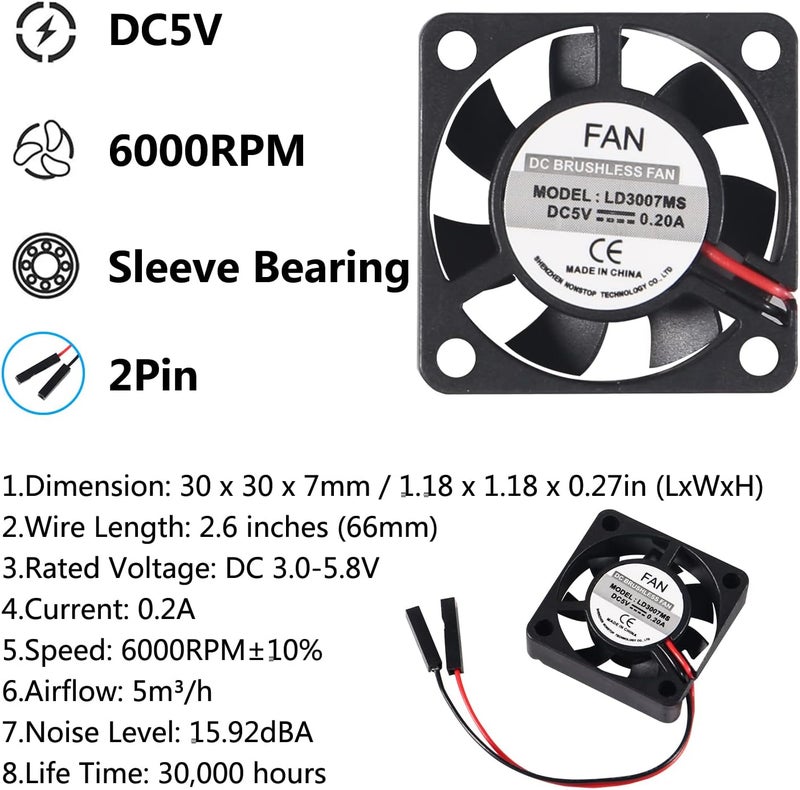 AITIAO 6Pcs 3007 Cooling Fan for Raspberry Pi 4 Fan 30x30x7mm Pi Brushless Cooling Fan 3.3V 5V DC Quiet Fan with Screw kit for Raspberry Pi 4, Pi 3 B+, Pi 3 B, Pi 2, Pi B+,Robot Project - Image 3