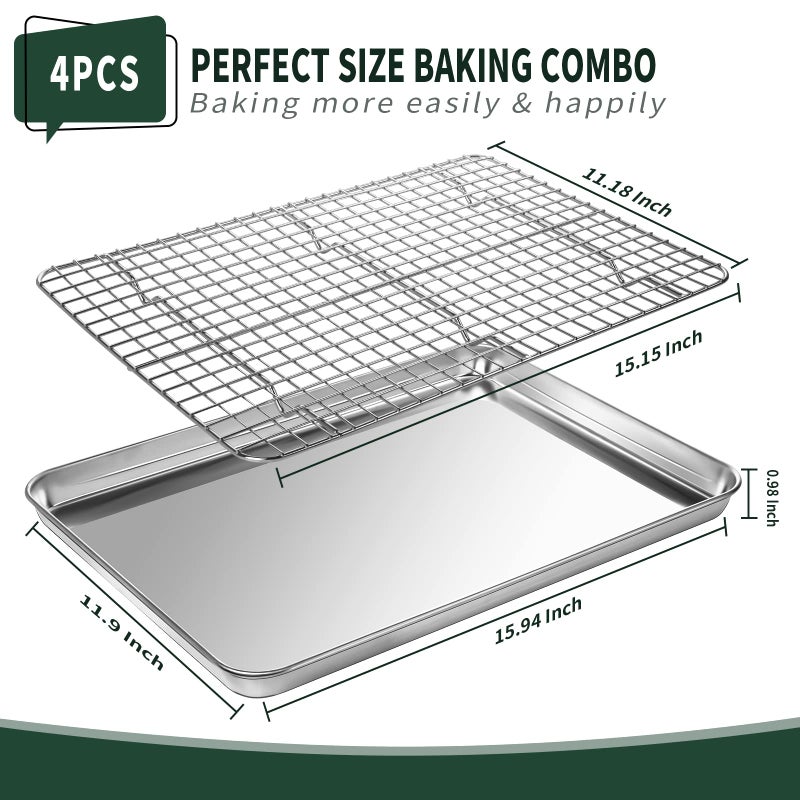 CEKEE Jelly Roll Pan with Cooling Rack Set [2 Baking Pans + 2 Baking Racks], CEKEE Stainless Steel Baking Sheet Tray with Wire Rack Set, Commercial Quality, Rust Proof & Nonstick, Size 15.94 x 12 x 1 Inch - Image 2
