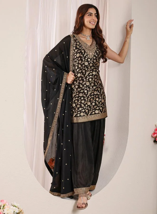 Libas Black Woven Design Silk Blend Straight Kurta, Salwar And Dupatta Set
