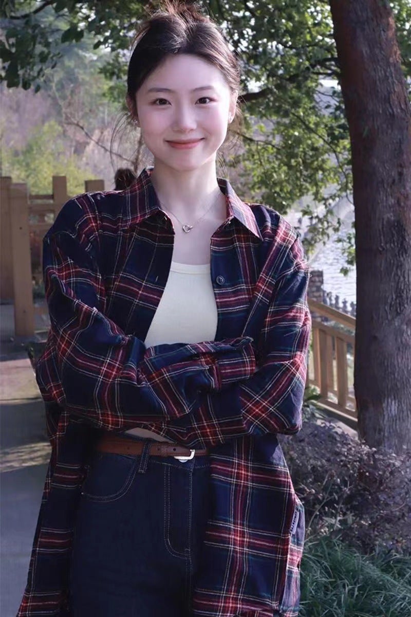 American Style Retro Plaid Shirt Womens Spring and Autumn Thin 2025 New Loose Lazy Style Long Sleeve Shirt Top Coat Wine red