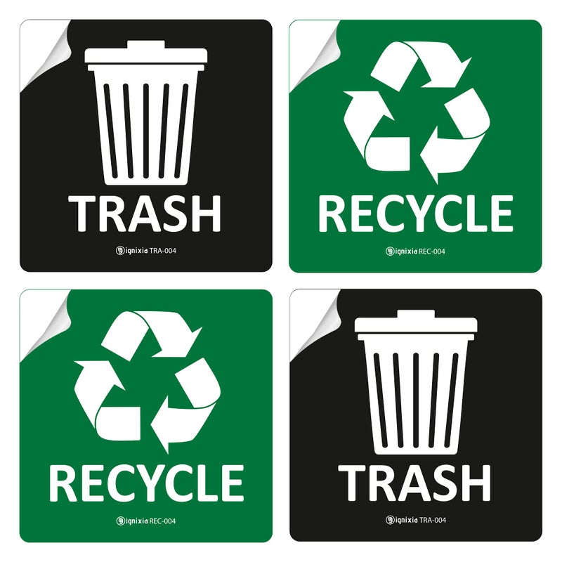 IGNIXIA Pack of 04 Recycle and Trash Sign Decals self Adhesive Recycling Stickers Recycle and Trash Sticker for Trash can with Over Lamination Recycle Label Black Green 5 X 5 Inches Square