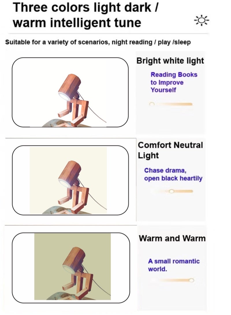 Table Lamp, Dimmable LED Robot Lamp, Adjustable Bedside Night Light, Desk Lamp ( wooden) - Image 4