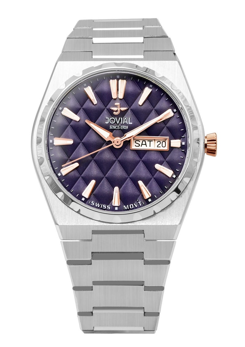 JOVIAL  1540GSMQ04E , Men's Fashion Watch,  Stainless steel , Blue Dial, Butterfly Clasp, Day and Date Display, 40 mm - Image 1