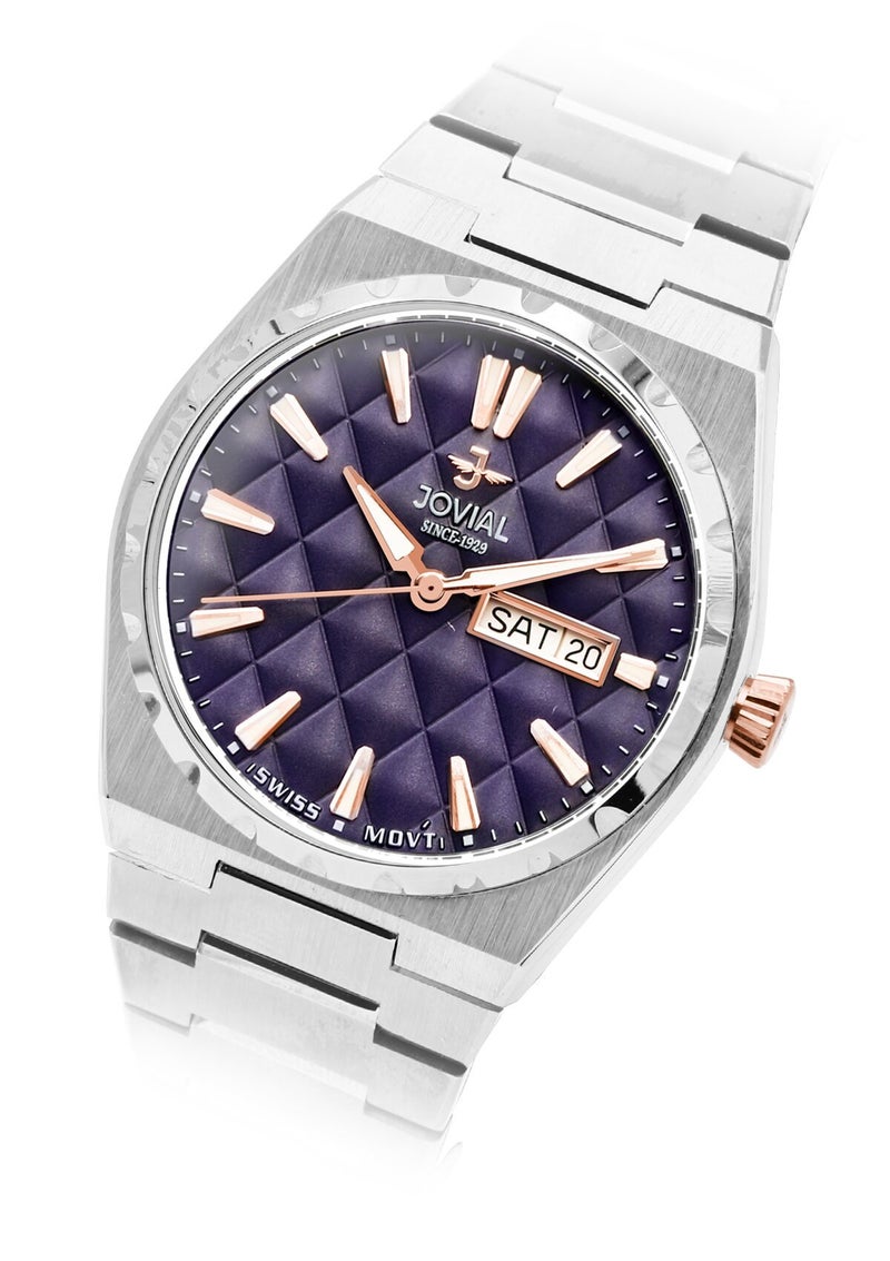 JOVIAL  1540GSMQ04E , Men's Fashion Watch,  Stainless steel , Blue Dial, Butterfly Clasp, Day and Date Display, 40 mm - Image 2