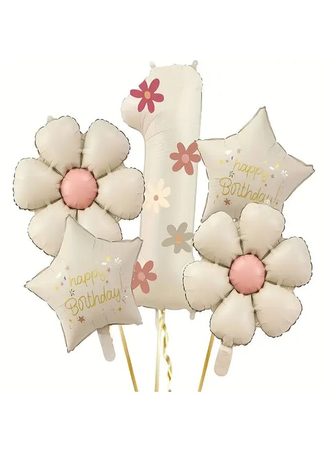 Cream White Number 1 Balloons With Floral And Star Decor For Birthday Party - Image 2